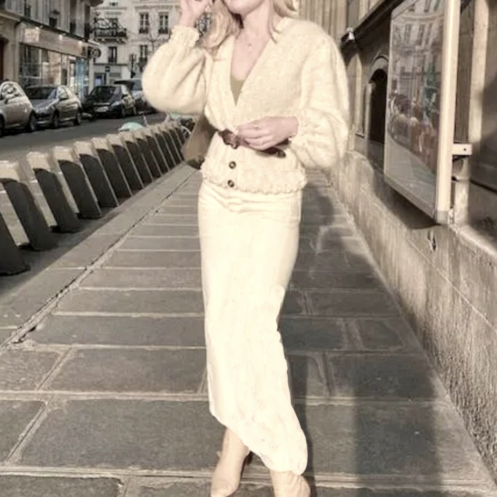 90s Knit Skirt Set Vintage Cream Cropped Cardigan Beige Sport Long High Waisted